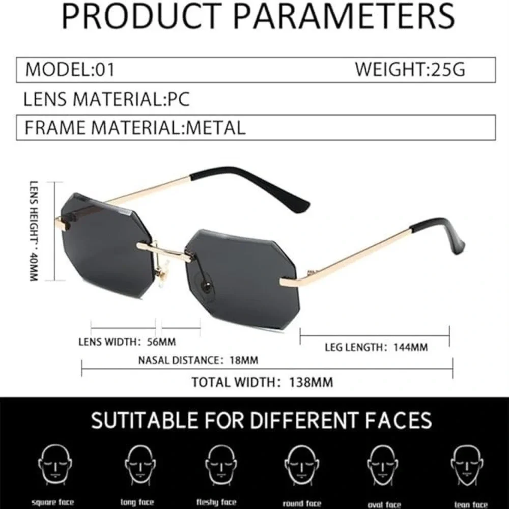 Rimless Sunglasses Octagon‎ Pink Lens Gold Frame Fashion Eyewear Street Wear New